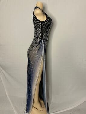 ✨ Crystal Star Black Mesh Gown with Blue Ombré Sheer Panel (XS / Stretch)